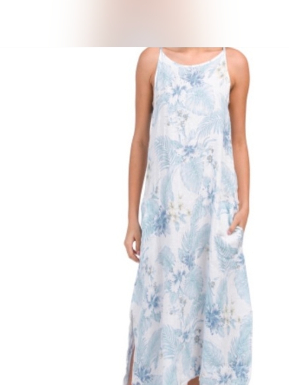 Lungo L’arno Linen Sleeveless Dress Palm Floral A-Line Pockets Resort Tropical